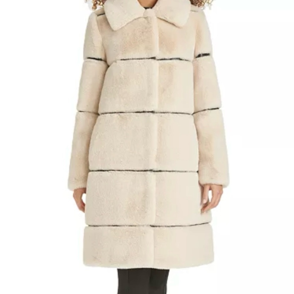 Karl Lagerfeld faux fur, faux leather trim long jacket
